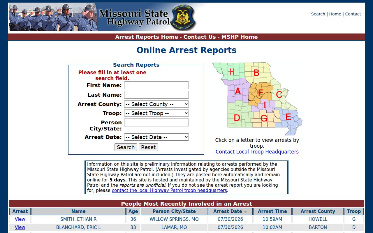 Holt County arrest lookup through MSHP Troop H arrest reports
