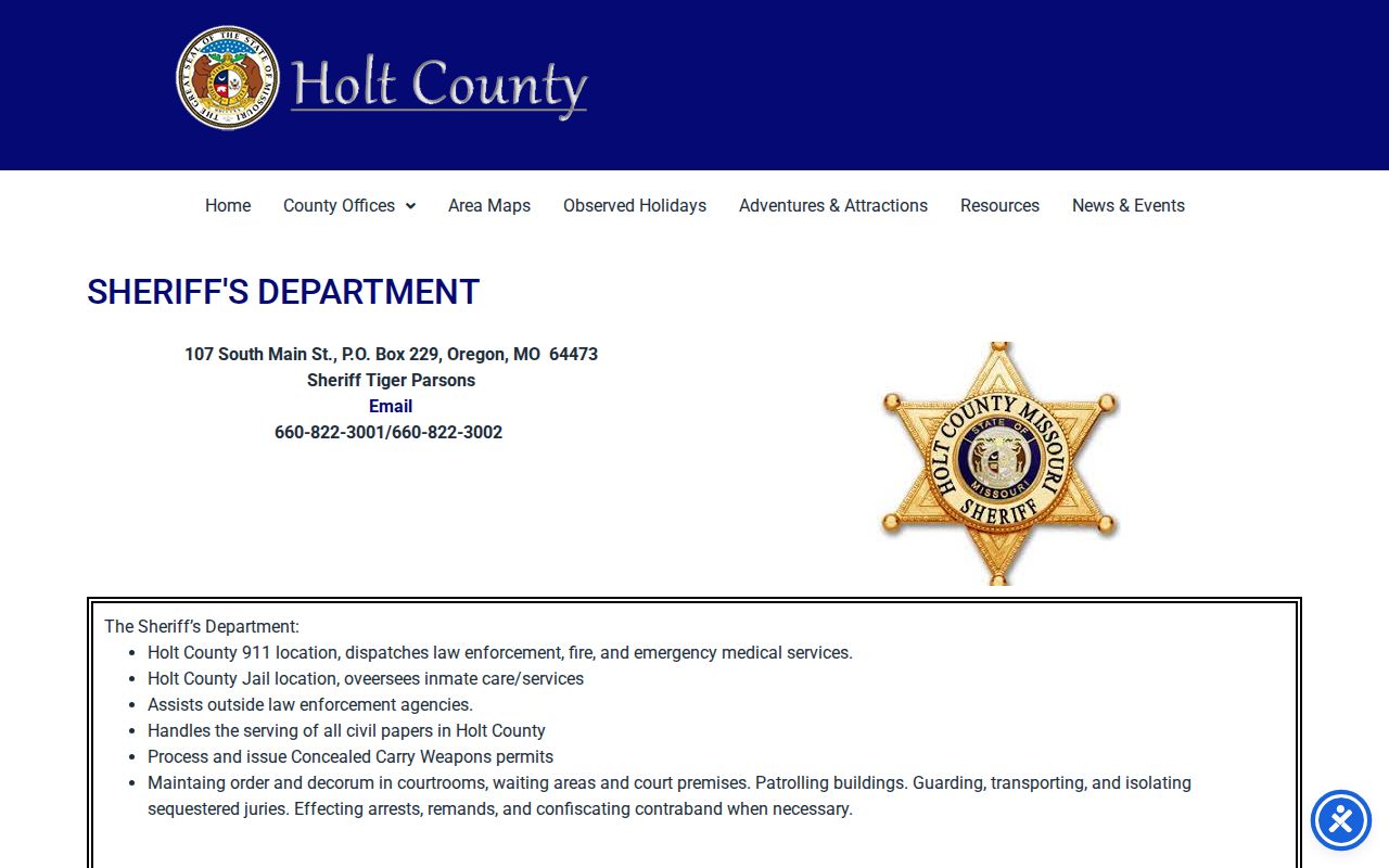 Holt County Sheriff, jail, and dispatch official contact page
