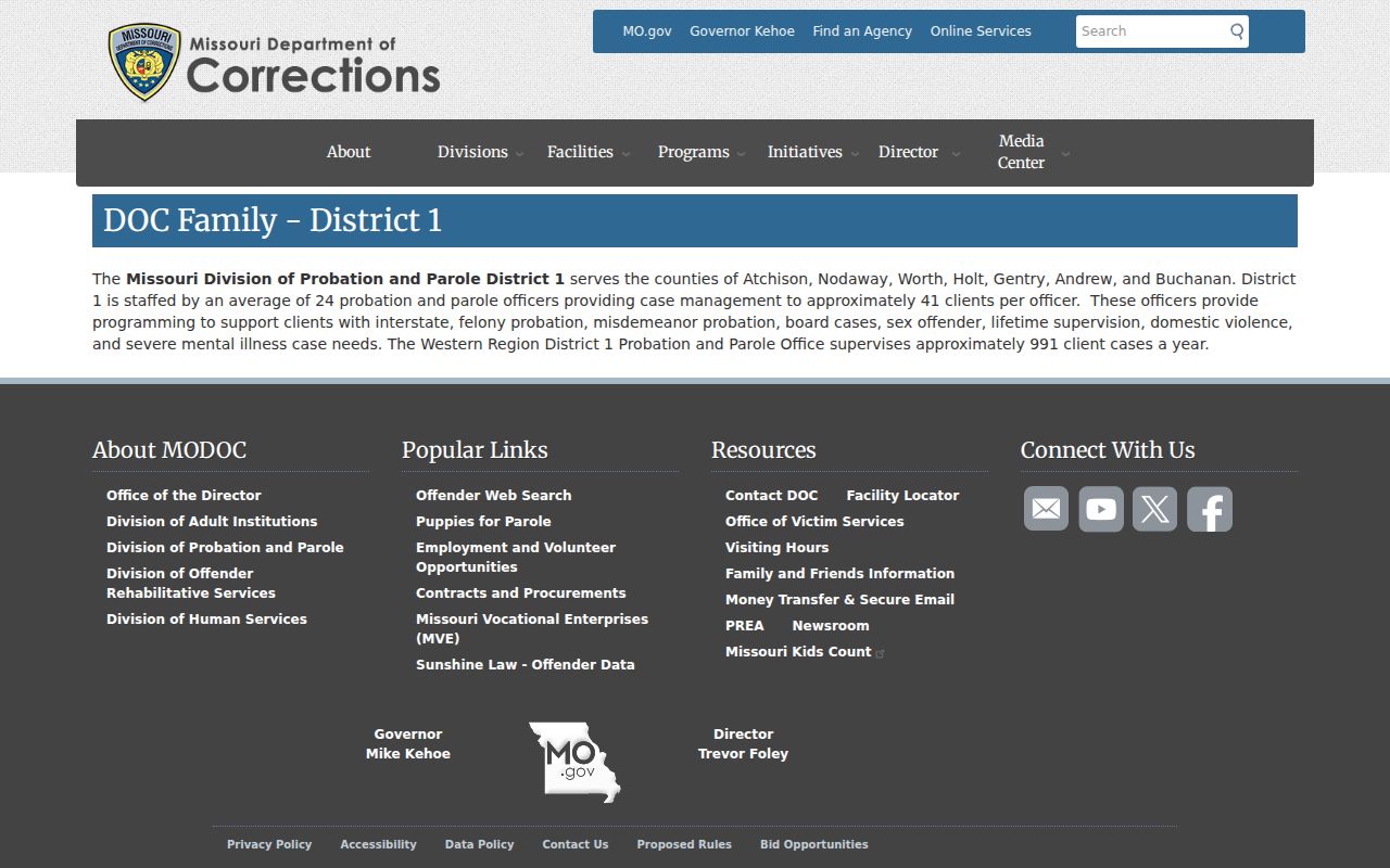 Missouri Department of Corrections District 1 probation and parole page serving Holt County