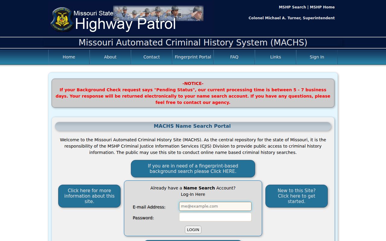 Missouri Automated Criminal History Site name search portal