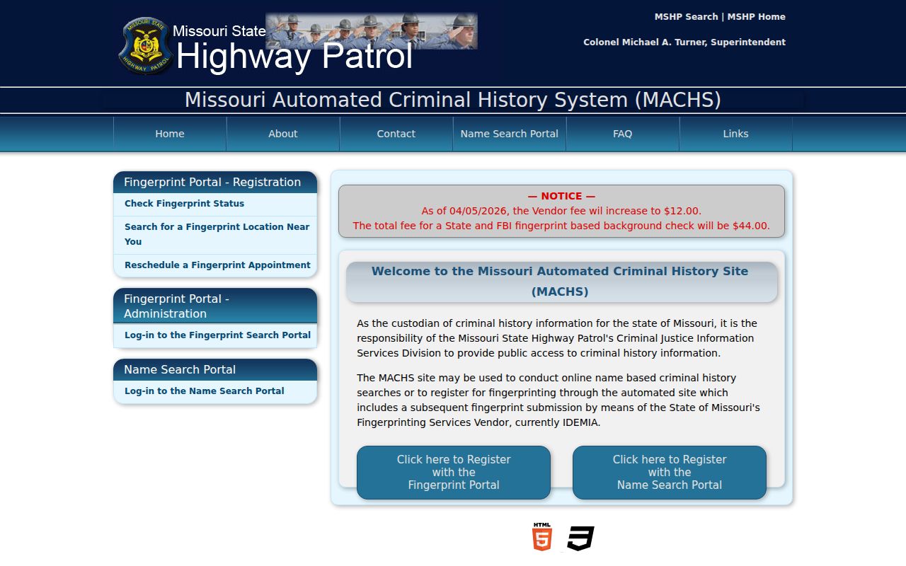 MACHS fingerprint registration portal for Missouri criminal record checks